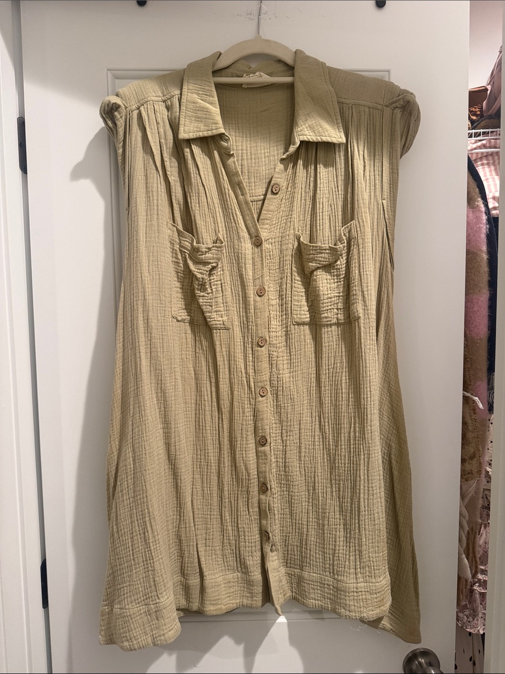 Lightweight Sleeveless Button-Down Shirt Dress in Beige